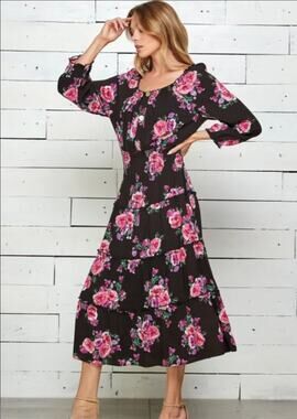 Figueroa & Flower Floral Tiered Black Pink Maxi Peasant Dress Cottage Core Sz. L